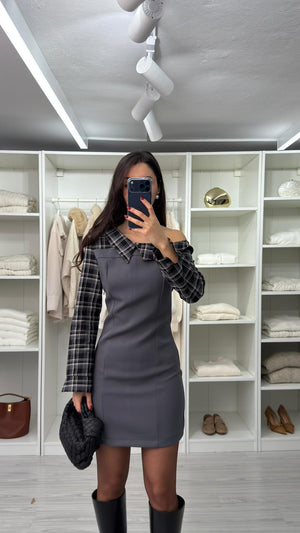 GRİ EKOSE DETAYLI TASARIM ELBİSE