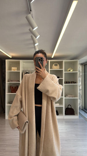 KREM MAXİ BOY OVERSIZE HIRKA