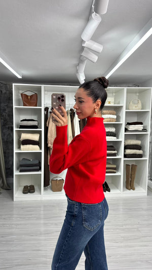 KIRMIZI ÇİFT FERMUARLI TRİKO HIRKA