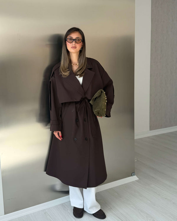 KAHVERENGİ OVERSIZE UZUN TRENÇKOT - 1142