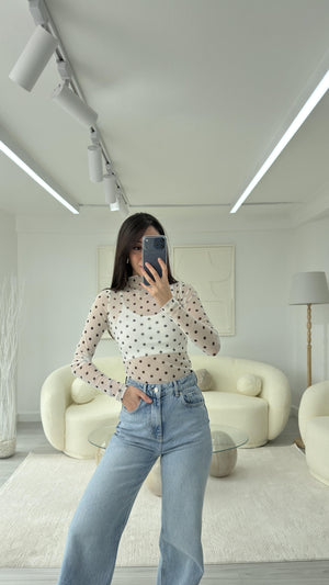 BEYAZ PUANTİYE DESEN TRANSPARAN BLUZ