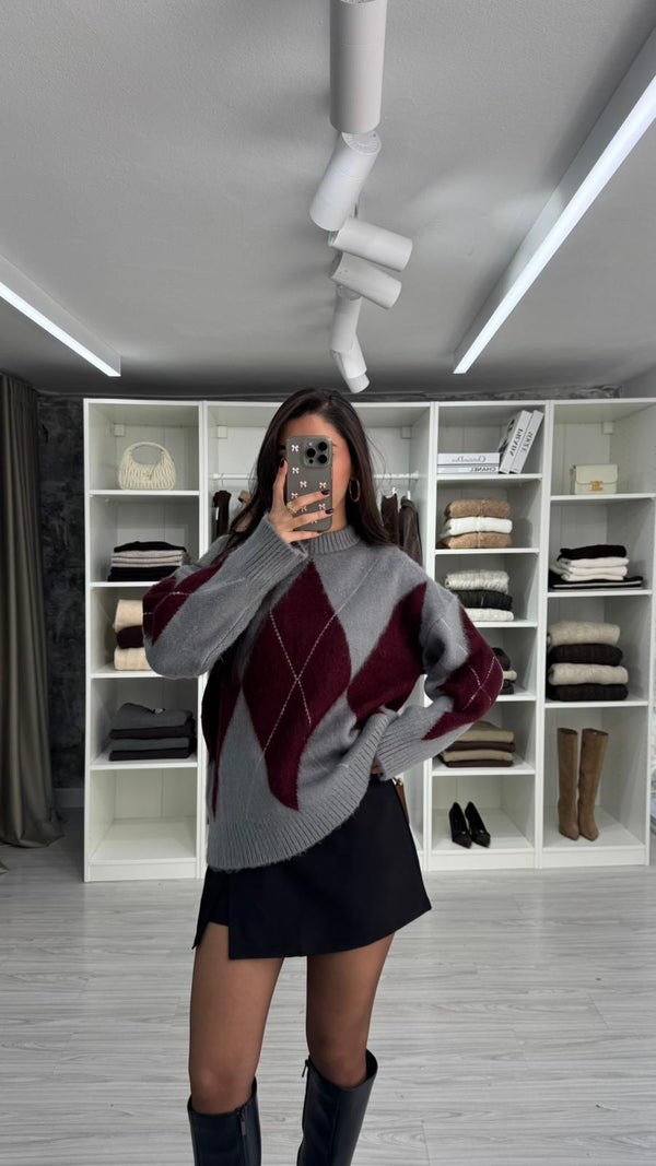 BORDO GRİ BAKLAVA DESEN TRİKO KAZAK