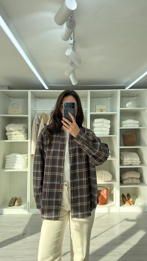 KAHVERENGİ OVERSIZE EKOSELİ ODUNCU GÖMLEK