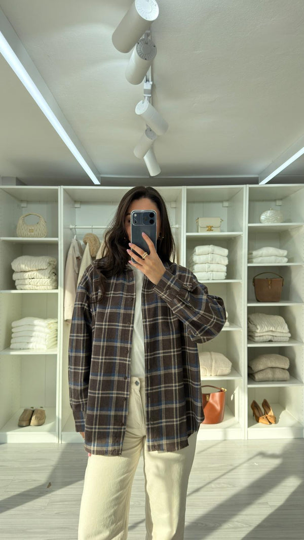 KAHVERENGİ OVERSIZE EKOSELİ ODUNCU GÖMLEK