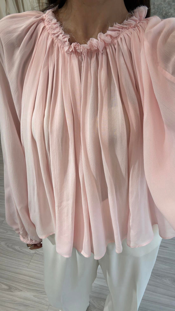 PEMBE PAMUKLU ŞİFON BLUZ