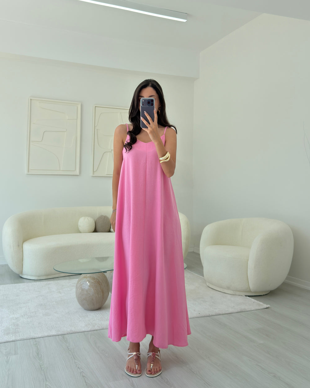 PEMBE ASKILI MAXİ SALAŞ ELBİSE