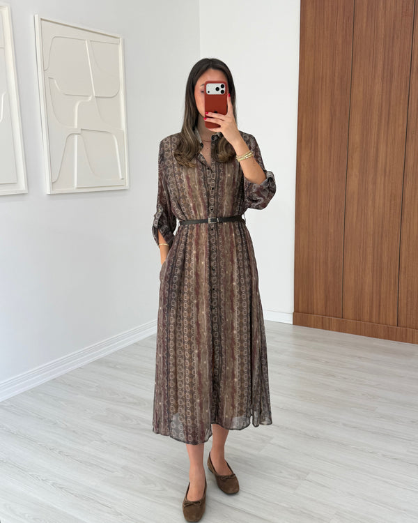 KAHVE ŞİFON KEMERLİ GÖMLEK ELBİSE - 1627