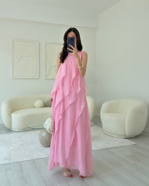 PEMBE FIRFIRLI MAXİ ELBİSE
