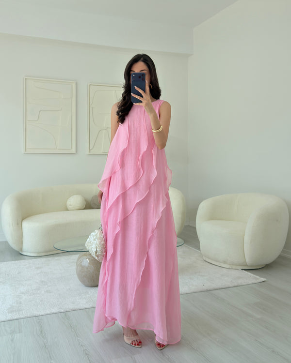 PEMBE FIRFIRLI MAXİ ELBİSE