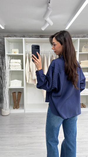 LACİVERT SOFİA ÇİZGİLİ OVERSİZE GÖMLEK