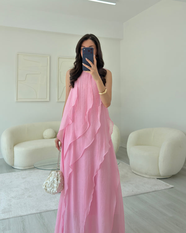 PEMBE FIRFIRLI MAXİ ELBİSE