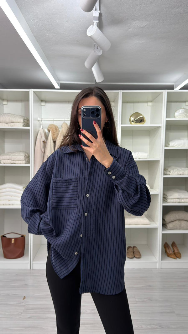 LACİVERT NEXO OVERSIZE ÇİZGİLİ GÖMLEK