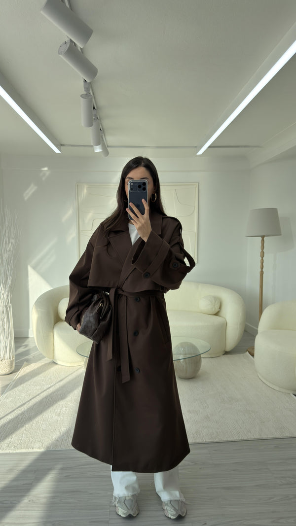 KAHVERENGİ OVERSIZE UZUN TRENÇKOT
