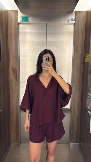 BORDO KEMERLİ KETEN ŞORT TAKIM
