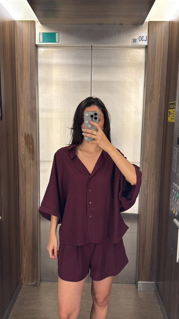 BORDO KEMERLİ KETEN ŞORT TAKIM