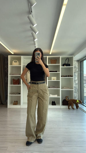 HAKİ KEMERLİ YÜKSEK BEL STRAIGHT PANTOLON