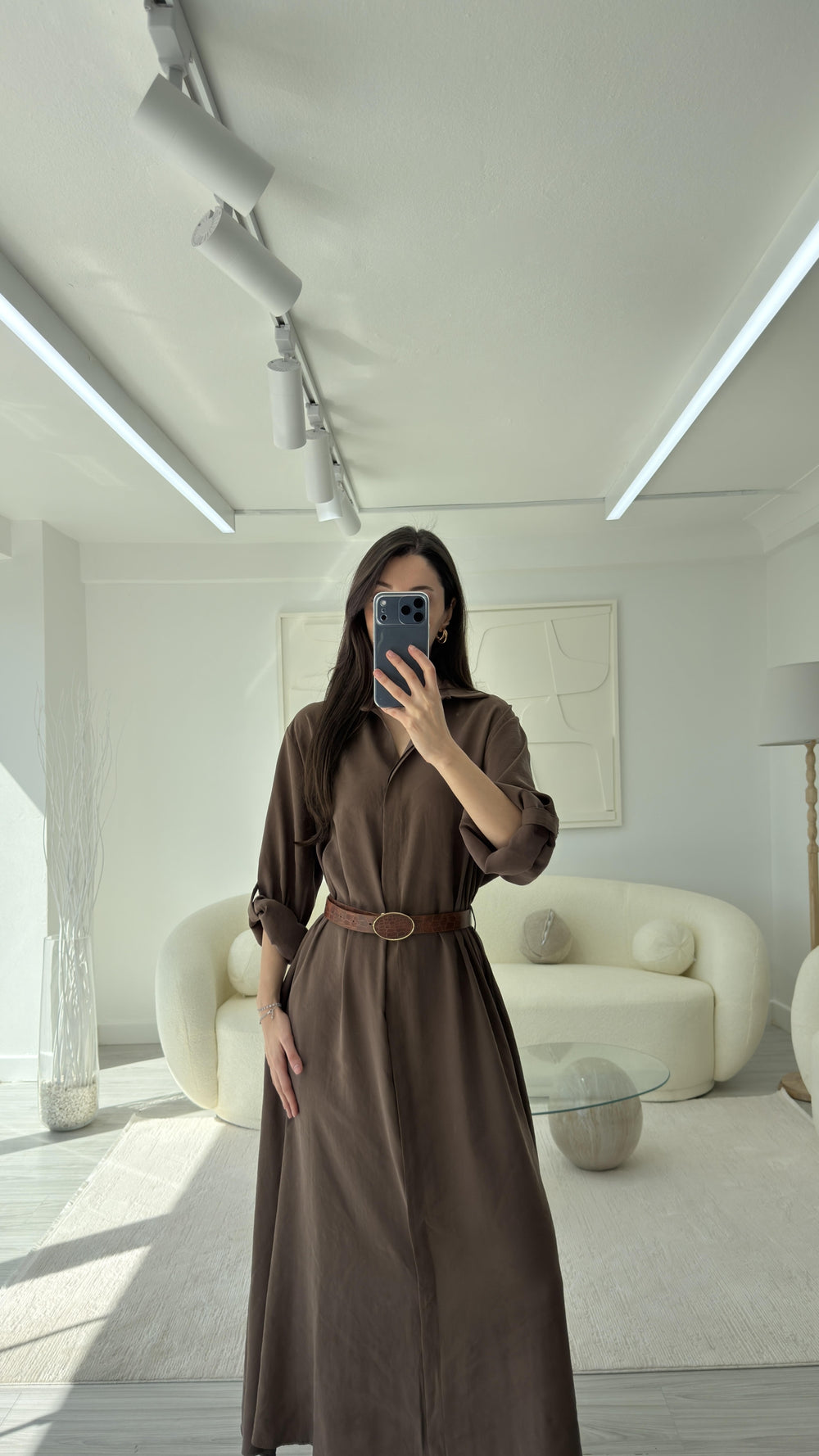 KAHVE KEMERLİ GÖMLEK ELBİSE