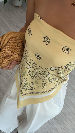 SARI DESENLİ SATEN FULAR BLUZ
