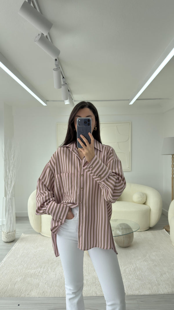 PEMBE KAHVERENGİ ÇİZGİLİ GÖMLEK