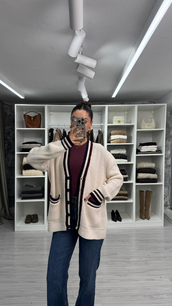 KREM ŞERİT DETAYLI TRİKO HIRKA