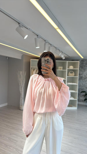PEMBE PAMUKLU ŞİFON BLUZ