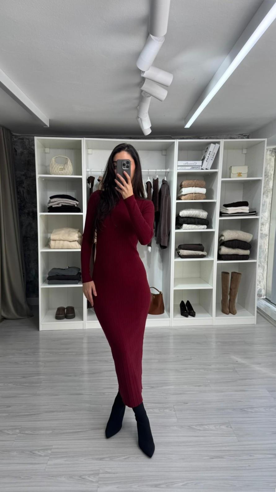 BORDO YARIM BALIKÇI MİDİ TRİKO ELBİSE
