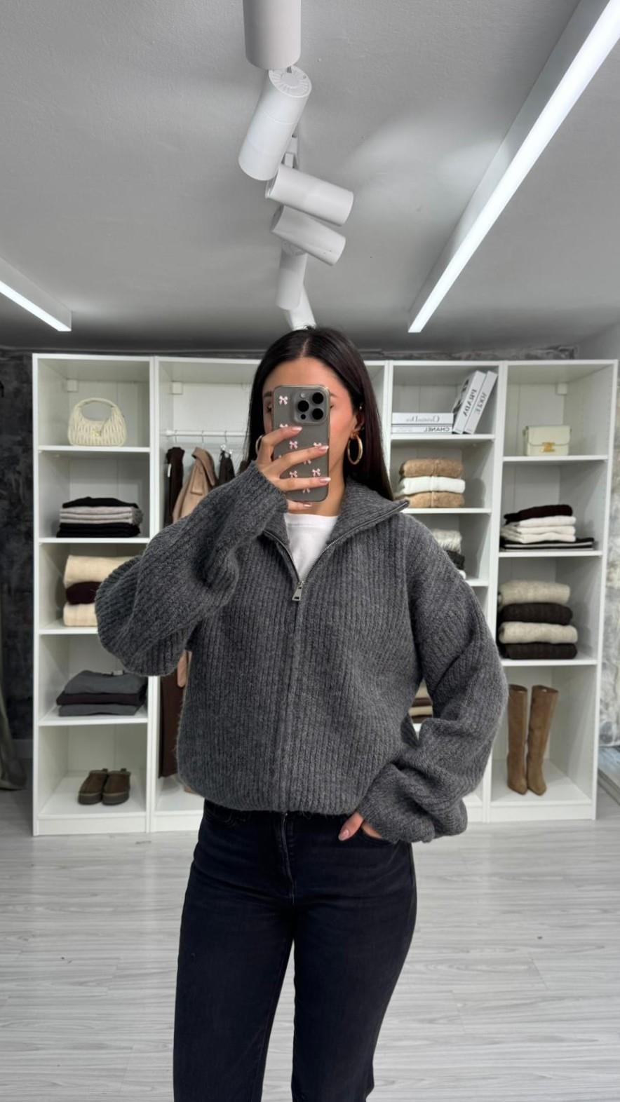 ANTRASİT ÇİFT FERMUARLI KALIN TRİKO HIRKA