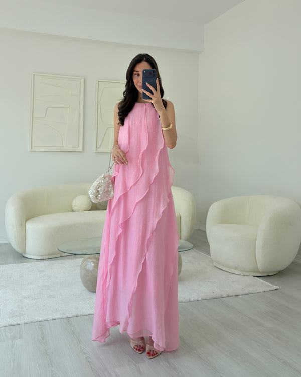 PEMBE FIRFIRLI MAXİ ELBİSE