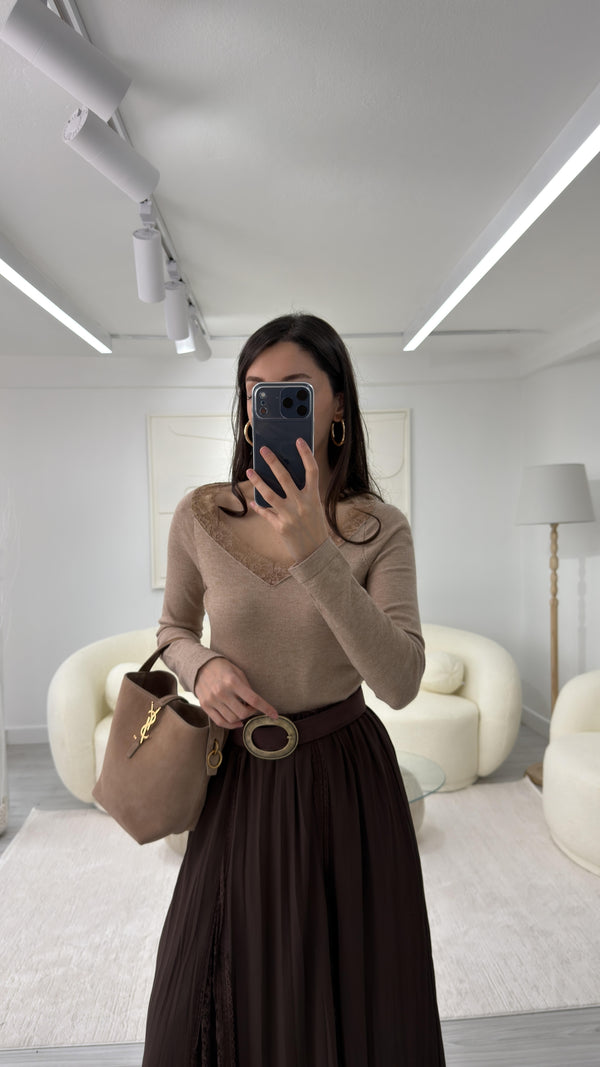 CAMEL DANTEL DETAYLI BLUZ