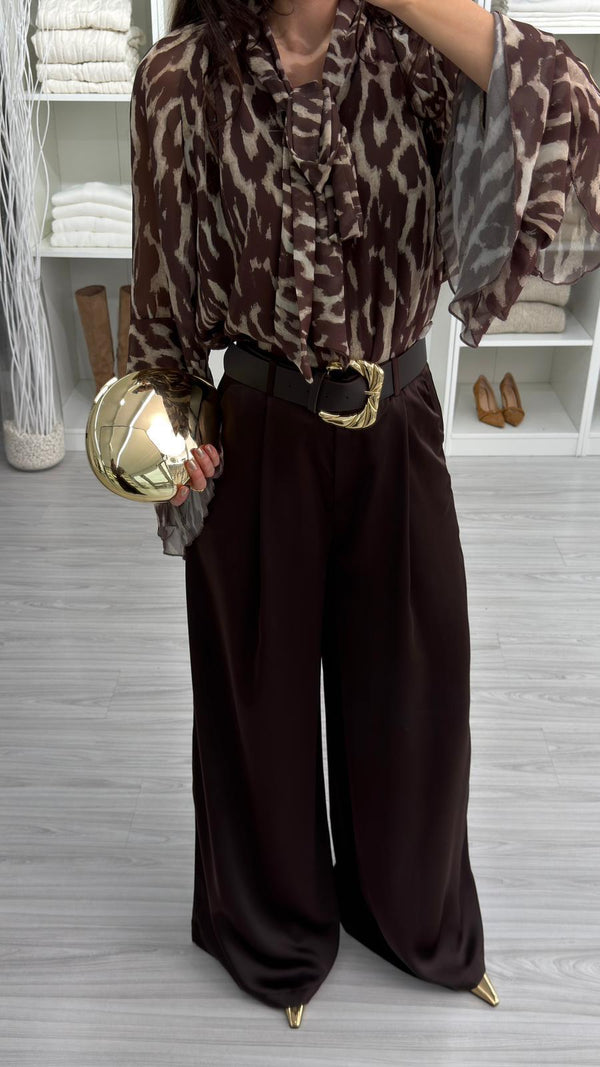 KAHVERENGİ KEMERLİ SATEN PANTOLON