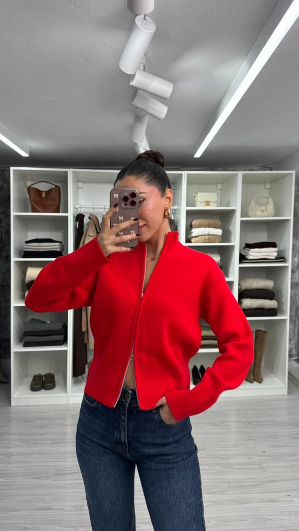 KIRMIZI ÇİFT FERMUARLI TRİKO HIRKA
