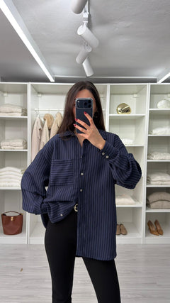 LACİVERT NEXO OVERSIZE ÇİZGİLİ GÖMLEK