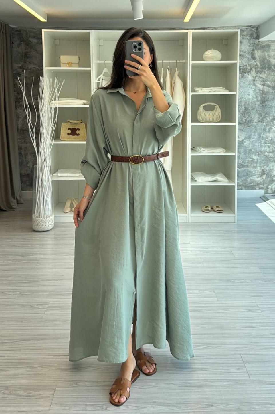 ÇAĞLA YEŞİLİ KEMERLİ GÖMLEK ELBİSE