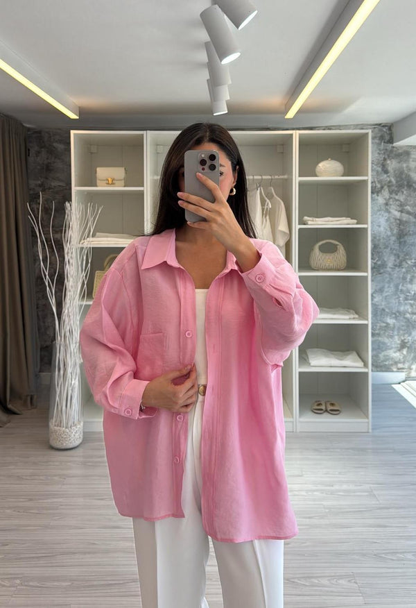 ŞEKER PEMBE OVERSIZE TENSEL GÖMLEK