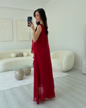 KIRMIZI FIRFIRLI MAXİ ELBİSE