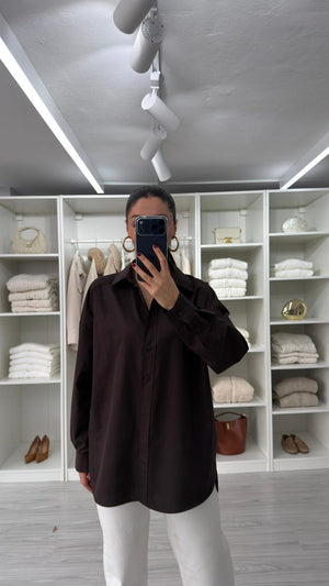 KAHVERENGİ ASTRE OVERSIZE POPLİN GÖMLEK