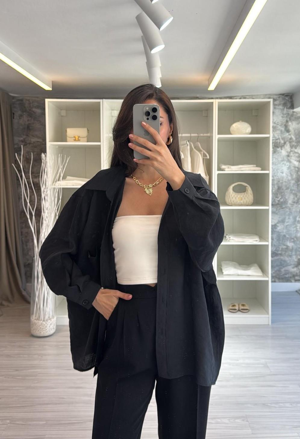 SİYAH OVERSIZE TENSEL GÖMLEK