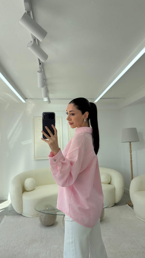 PEMBE ÇİZGİLİ OVERSİZE GÖMLEK