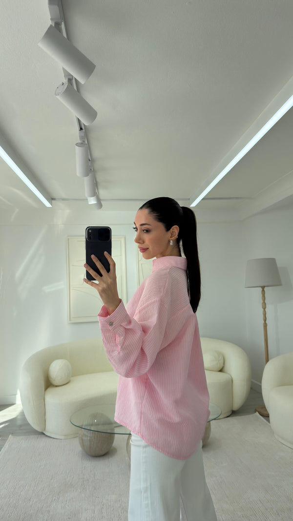 PEMBE ÇİZGİLİ OVERSİZE GÖMLEK