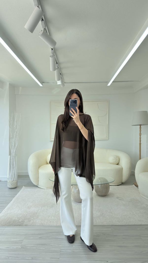 KAHVE ŞİFON PELERİN BLUZ