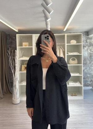 SİYAH OVERSIZE TENSEL GÖMLEK