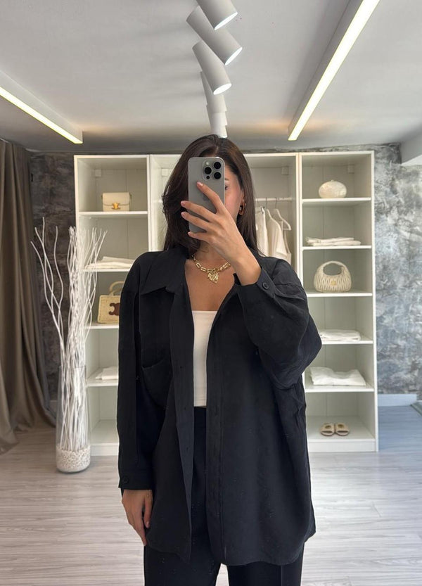 SİYAH OVERSIZE TENSEL GÖMLEK