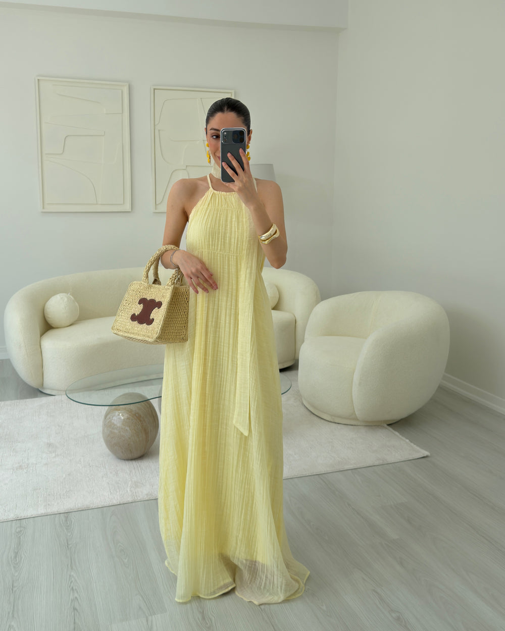 SARI ŞALLI ASKILI ELBİSE