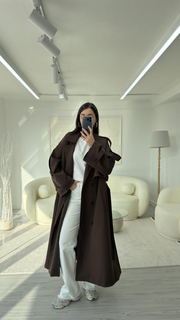 KAHVERENGİ OVERSIZE UZUN TRENÇKOT