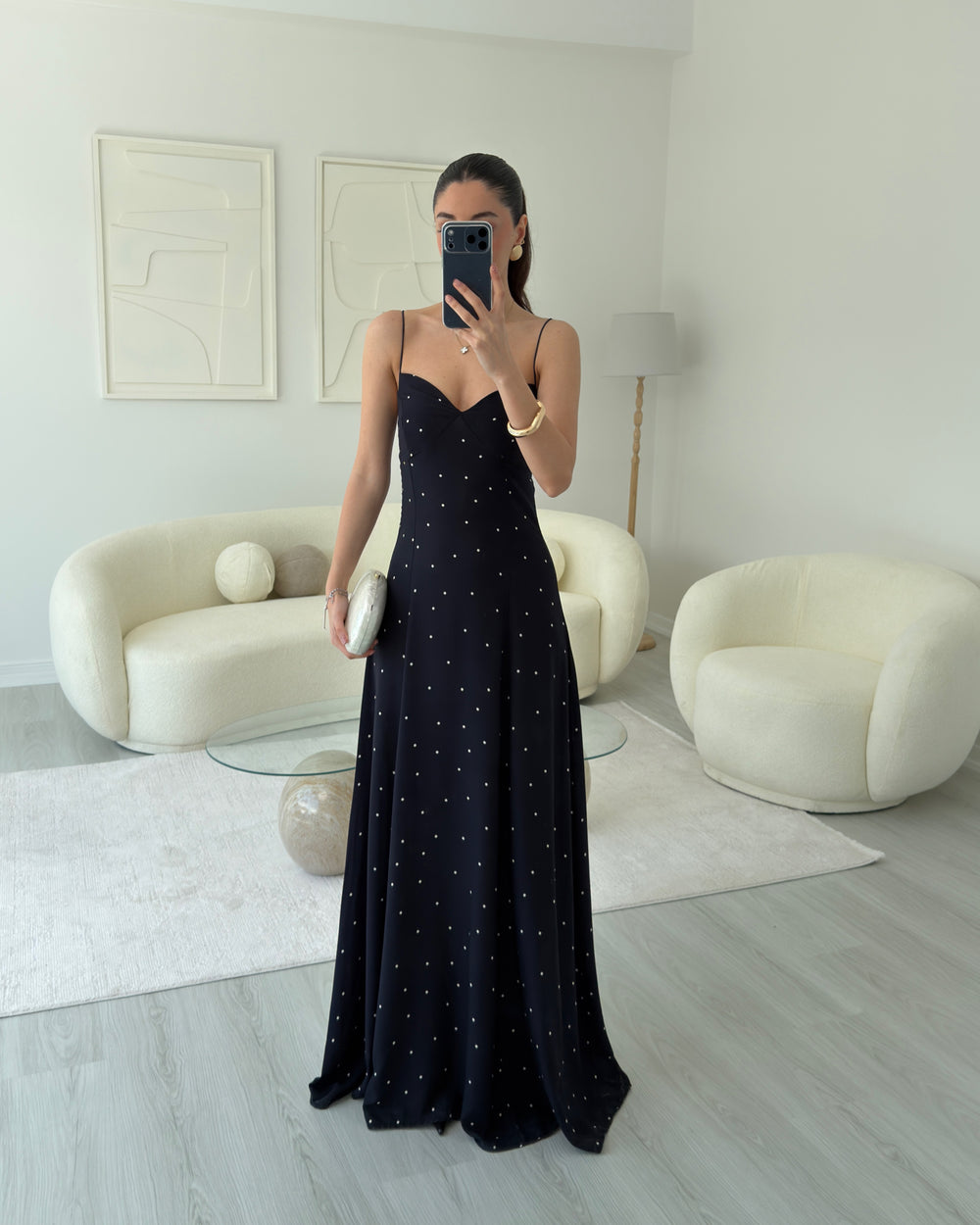 LACİVERT PUANTİYELİ MAXİ ELBİSE