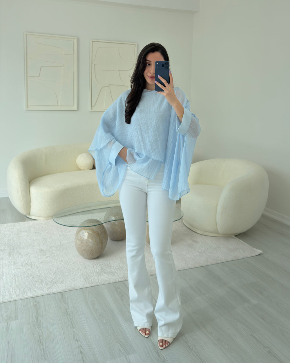 MAVİ UÇUŞAN PELERİN BLUZ