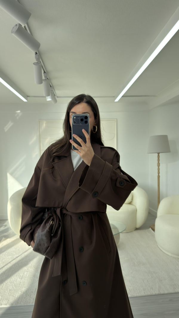 KAHVERENGİ OVERSIZE UZUN TRENÇKOT