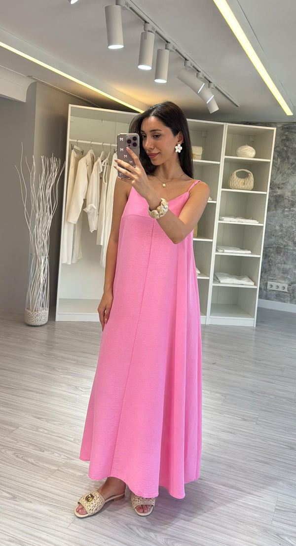 PEMBE İPEKSİ MAXİ SALAŞ ELBİSE
