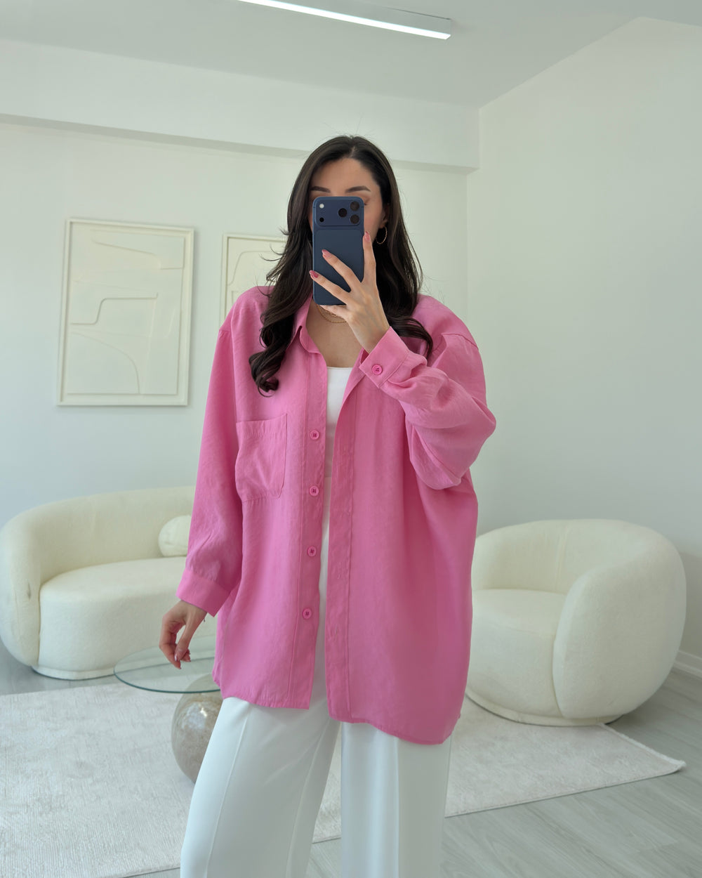 PEMBE OVERSİZE TENSEL GÖMLEK