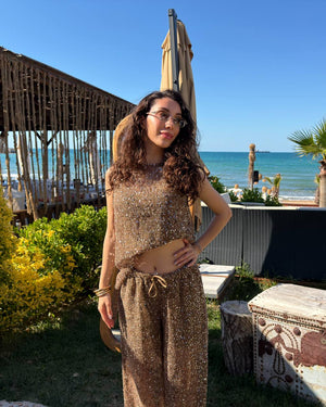KAHVERENGİ PULLU ASİMETRİK TAKIM